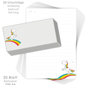 Stationery set for children Rainbow Unicorn 20 sheets of DIN A4 with lines including 20 printed envelopes image 1