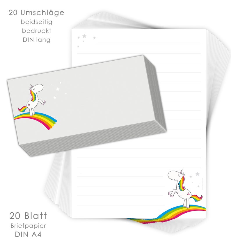 Stationery set for children Rainbow Unicorn 20 sheets of DIN A4 with lines including 20 printed envelopes image 1