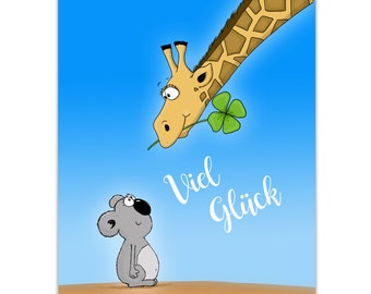 Karten "Viel Glück" mit Koala und Giraffe, Postkarte DIN A6