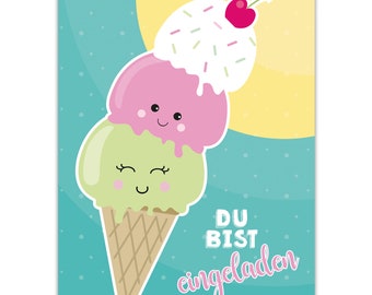 10 Einladungen zum Kindergeburtstag "EIS" DIN A6 - Eis Essen, Sommerparty, Eisparty,