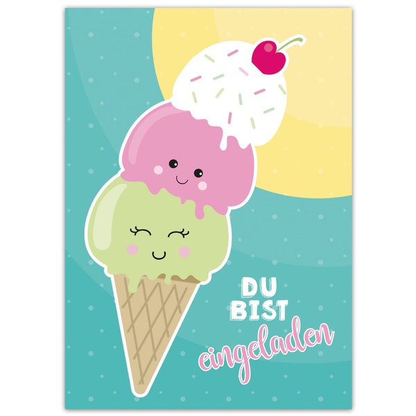 10 Einladungen zum Kindergeburtstag "EIS" DIN A6 - Eis Essen, Sommerparty, Eisparty,