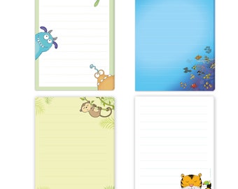 4 writing pads "Monster", "Fish", "Monkey", "Tiger" - each DIN A5 lined with 50 sheets DIN A5 lined with 50 sheets