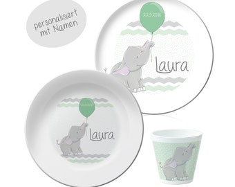 Kinderteller mit Namen, personalisiertes Kindergeschirr, Kindergeschirr Set Melamin Geschenkidee zur Taufe, Geburtstag, Geschenk Geburt Baby