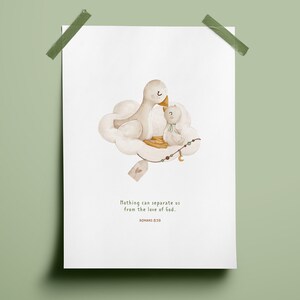 May include: A watercolor illustration of two white birds on a cloud with a quote that reads "Nothing can separate us from the love of God. Romans 8:39"