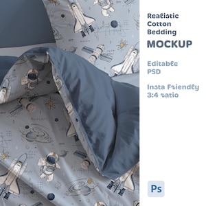May include: A blue and grey cotton bedding set with a space theme. The set features a duvet cover and pillowcase with illustrations of astronauts, rockets, and planets. The text "Realistic Cotton Bedding MOCKUP" is visible.