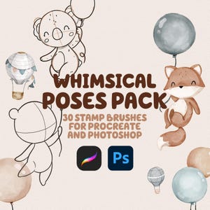 Whimsical Animal Pose Stamps: 30+ Photoshop & Procreate Brushes (Digital Download)