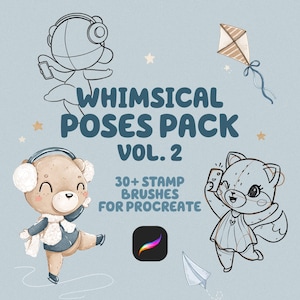Może przedstawiać: Grafika cyfrowa z tekstem "WHIMSICAL POSES PACK VOL. 2" i ilustracjami postaci z kreskówek. Obraz zawiera niedźwiedzia jeżdżącego na łyżwach, niedźwiedzia ze słuchawkami i kota robiącego selfie. Obecne jest również logo aplikacji Procreate.
