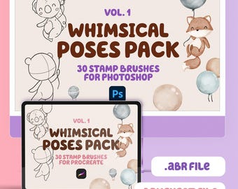 Speelse dierenpose-stempels: meer dan 30 Photoshop- en Procreate-penselen (digitale download)