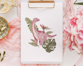 Stampa acquerello Dino Girl: decorazione murale per la cameretta dei bambini (download digitale)