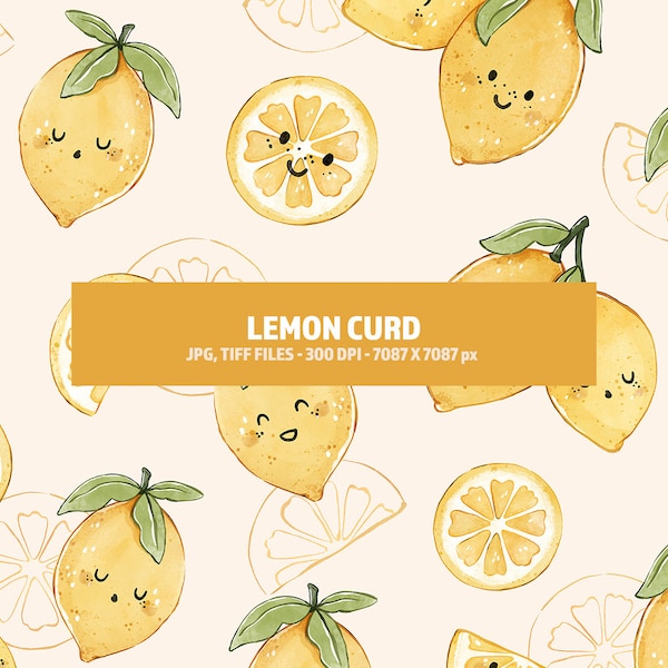 Lemon Curd - seamless pattern file - adorable smiled lemons design for sublimation commercial PNG JPG TIFF high resolution