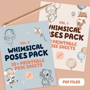 Whimsical Poses Pack Vol 1 + Vol 2 - Printable Chibi Pose Reference for Traditional Artists - Trace & Draw Cute Character Poses - PDF