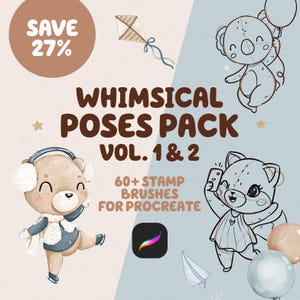 Pode incluir: Gráfico de arte digital com um pacote de poses caprichosas para Procreate. A imagem inclui ilustrações de ursos e um coala, uma pipa e balões. O texto inclui "Save 27%", "Whimsical Poses Pack Vol. 1 & 2" e "60+ Stamp Brushes for Procreate".