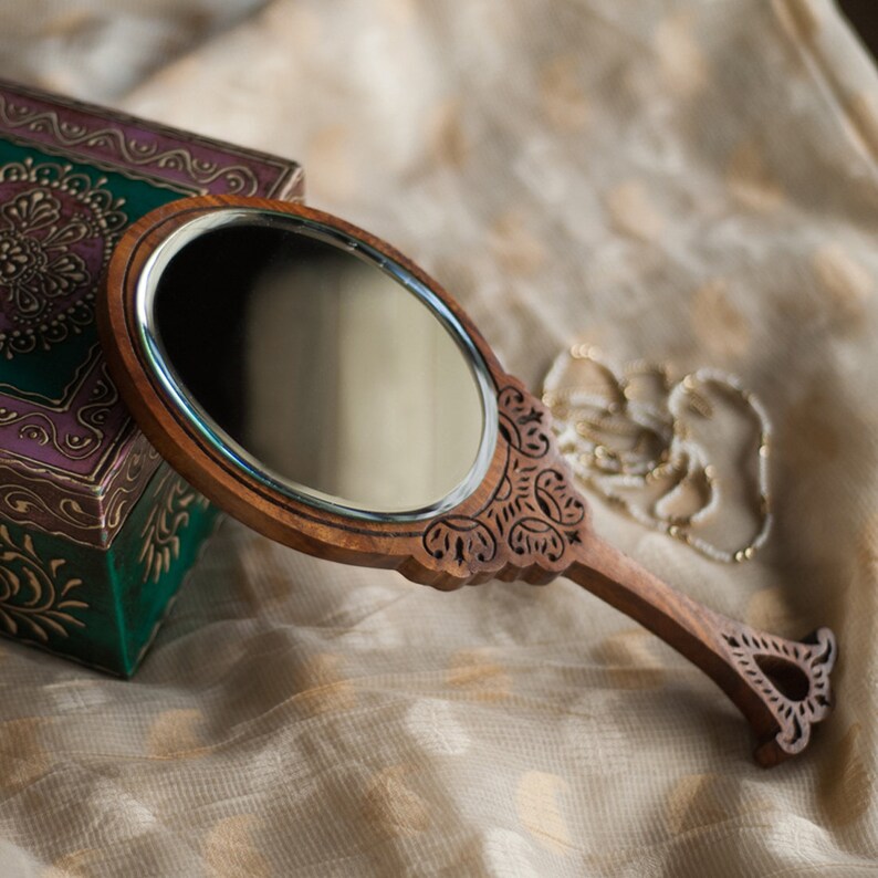 Handmade Wooden Engraved Handheld Mirror Etsy