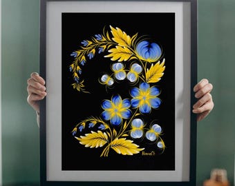 Ukrainian Petrykivka Printable Art | Yellow Blue Floral Folk Painting | Digital Download Wall Decor Black Background
