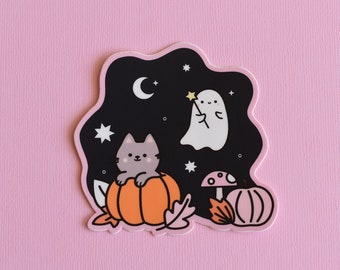 Autumn scene Die Cut Sticker- cute sticker/Kawaii ghost/kawaii cat
