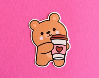 Coffee Loving Bear Die Cut Sticker- cute sticker/coffee sticker/kawaii bear