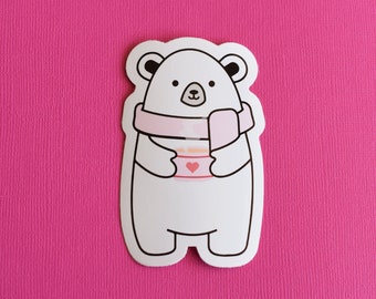 Cup of tea Polar Bear Die Cut Sticker- Cup of tea/polar bear/kawaii bear