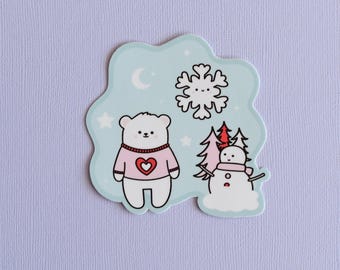 Polar Bear Winter Scene Die Cut Sticker- Kawaii polar bear/cute sticker/Winter