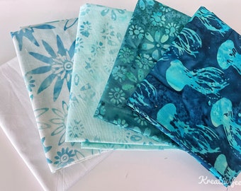 Patchworkstoff Batik Anthology Bali  Aqua Stoffpaket 5St. weiß-tütkis