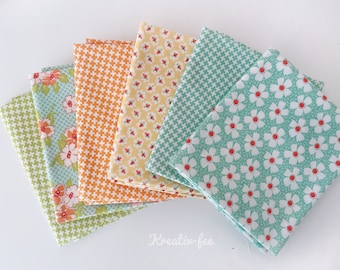 Paquet de tissus patchwork Moda Fig Tree turquoise-orange-vert 6 pièces.