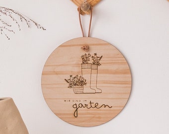 Holzschild | Holzscheibe | Gartenschild | Türschild |  Schild aus Holz | 20cm | Wir sind im Garten