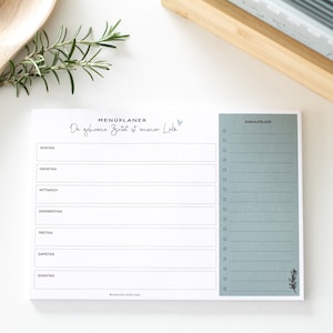 Menüplaner mint | A5 Wochenplaner | Essensplaner | Notizblock A5 Block mit 50 Blatt | Einkaufsliste | Notizblock