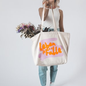Canvas Tragetasche "Leben in Fülle"|220g/m2 Einkaufstasche | Jutetasche | Baumwolltasche | Color Blocking | Neonorange rosa | Dopamin Design