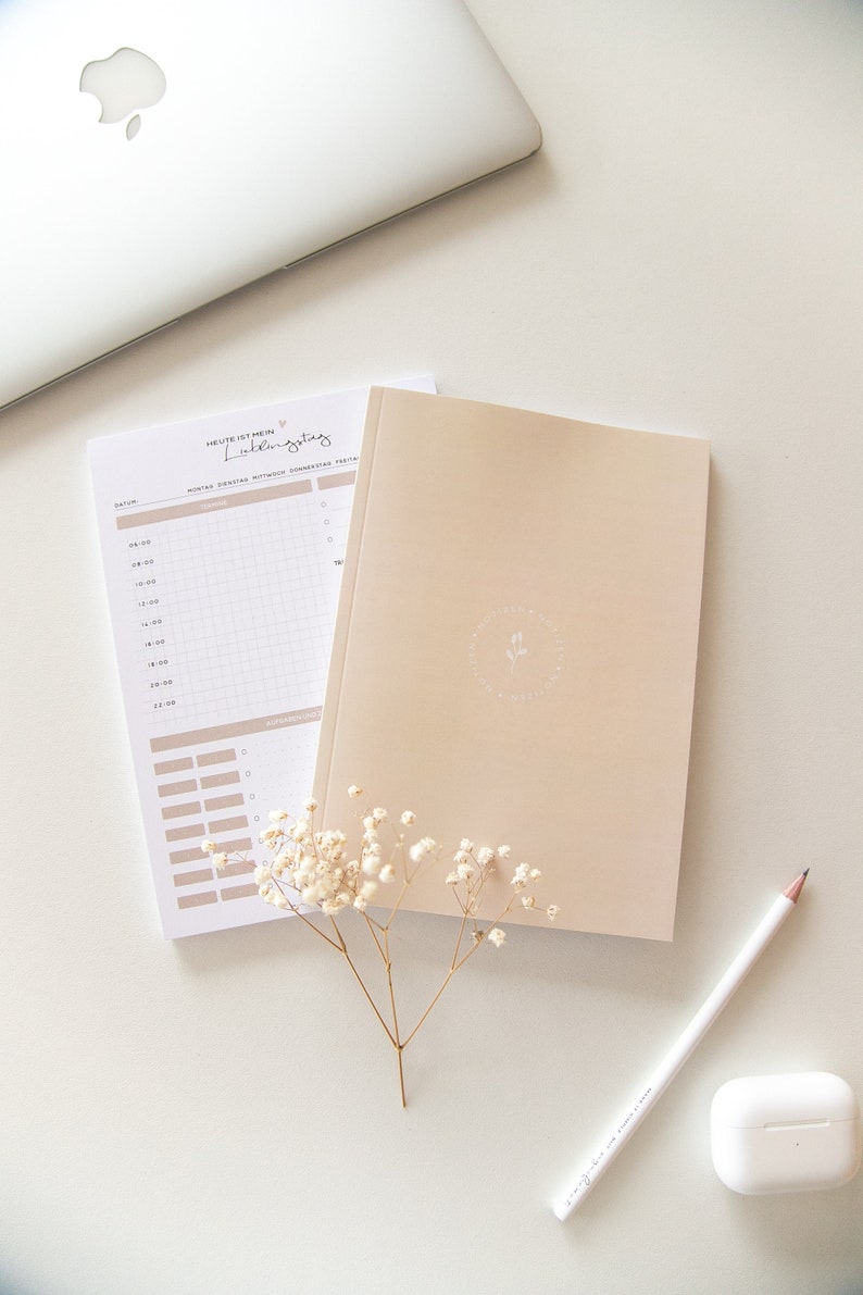Notizbuch A5 // beige Olivenzweig 60 Seiten gepunktet undatierte Kalenderleiste Notizheft+Tagesplan