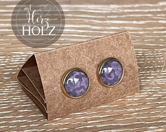 Cabochon earrings "Violet Flower" stainless steel gold