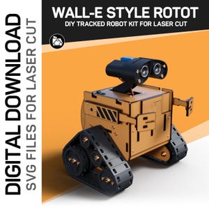 Puede incluir: Un kit de robot para cortar con láser, estilo Wall-E, con cuerpo beige, orugas negras y una cabeza negra con dos lentes. El texto dice "DESCARGA DIGITAL ARCHIVOS SVG PARA CORTE LÁSER" y "WALL-E STYLE ROTOT KIT DE ROBOT CON ORUGAS DIY PARA CORTE LÁSER".