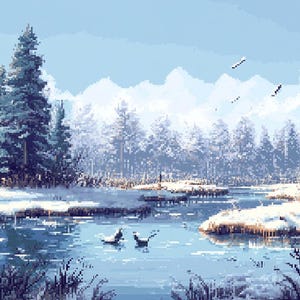 May include: A snowy winter scene with a frozen lake in the foreground. The lake is surrounded by snow-covered trees and a forest in the background. The sky is a light blue with a few clouds.