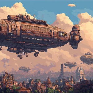 May include: A pixelated illustration of a steampunk city with multiple airships flying overhead. The largest airship is brown and has large windows. The city is made up of tall buildings with pointed roofs.