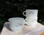 Vintage 60s Anchor Hocking Fire King stackable milk glass coffee cup set with creamer cup