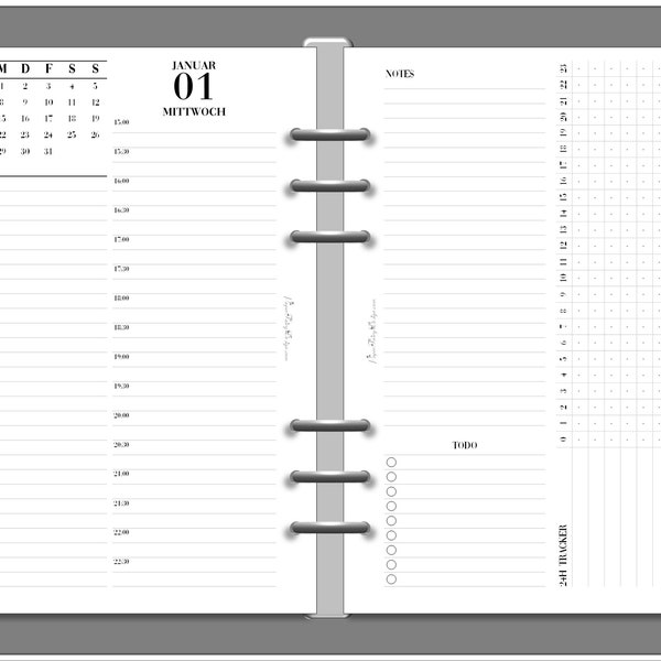 Kalendereinlagen - 1 Tag auf 2 Seiten (1T2S) ab Wunschdatum bedruckt in DIN A5, Personal Wide, Personal, DIN A6, Pocket, Mini