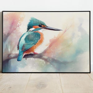 Kingfisher Watercolor Print: Pastel Bird Portrait (Digital Download)