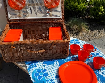 Vintage 1970s Wicker Picnic Basket Set for 4 | Retro Orange Camping Hamper