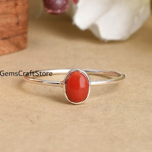 Genuine Natural Red Coral Oval Ring - 925 Solid Sterling Silver Red Coral Ring Jewelry - Tiny Ring Silver - Handmade Ring - Ring for Gift