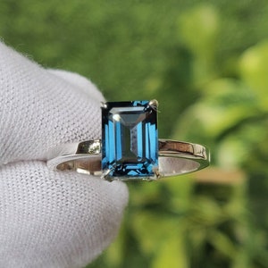 Genuine Natural London Blue Topaz Ring - Emerald Cut 6x8mm Octagon London Blue Topaz Ring - Solid 925 Sterling Silver Ring - Birthstone Ring