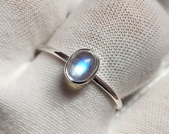 Amazing Natural Rainbow Moonstone Ring - 925 Sterling Silver Ring - Genuine Rainbow Moonstone Oval Ring - Tiny Stacking Ring - Handmade Ring