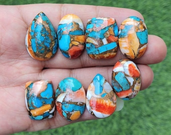 Blue Spiny Oyster Copper Turquoise Lot - 8 Pieces Mohave Blue Spiny Oyster Turquoise Cabochon Lot - Hand Polish Turquoise For Jewelry Making