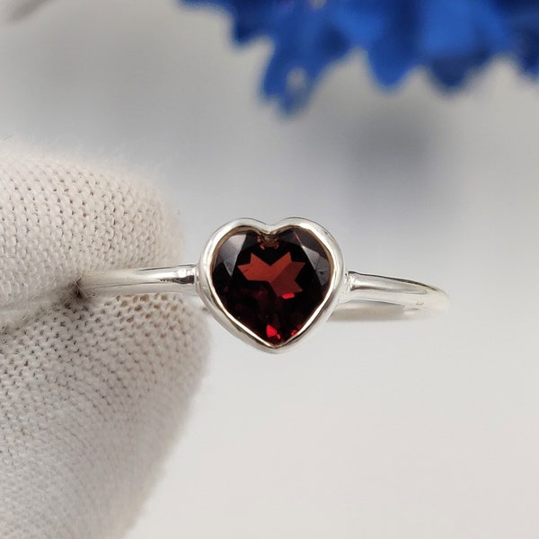 Genuine Natural Garnet Ring - Solid 925 Sterling Silver Garnet Heart Ring Jewelry - Garnet Jewelry - Solitaire Ring Jewelry - Silver Ring