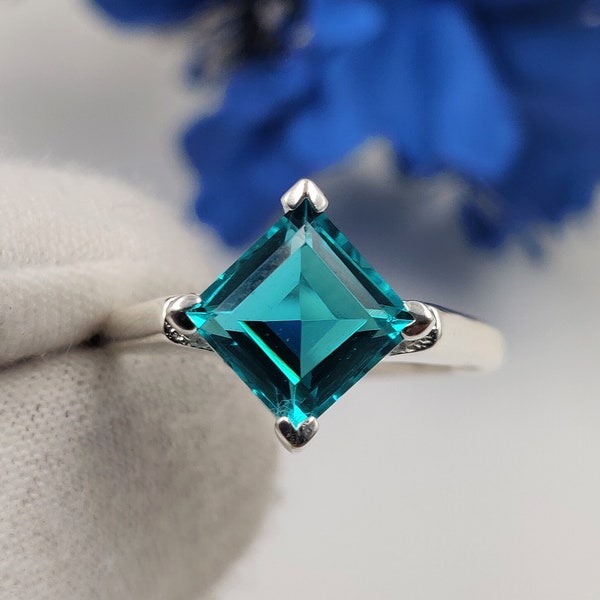 2 Carat Paraiba Tourmaline Ring - Solid 925 Sterling Silver Paraiba Tourmaline Square Ring - Birthstone Ring - Prong Ring Silver