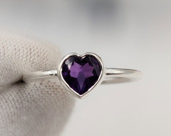 Anillo de amatista natural auténtica con forma de corazón - Joyería de amatista de plata de ley 925 maciza - Anillo de piedra morada - Anillo de amatista para regalo