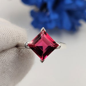 Superbe bague solitaire carrée en tourmaline rose - Bague tourmaline rose en argent sterling massif 925 - Pierre de naissance octobre - Bague griffe