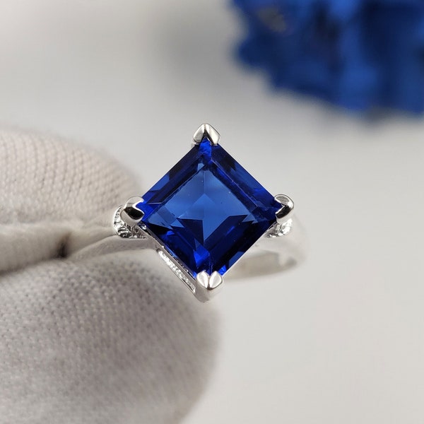 Amazing Blue Sapphire Square Ring - Solid 925 Sterling Silver Handmade Prong Ring - September Birthstone Ring - Engagement Ring