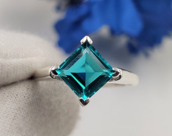 2 Carat Paraiba Tourmaline Ring - Solid 925 Sterling Silver Paraiba Tourmaline Square Ring - Birthstone Ring - Prong Ring Silver