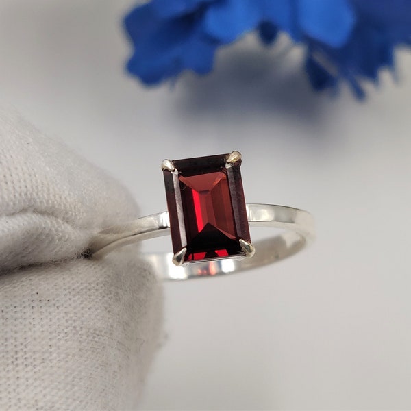 Natural Garnet Emerald Cut Octagon Ring - Solid 925 Sterling Silver Garnet Ring - January Birthstone Ring - Handmade Ring - Garnet Jewelry