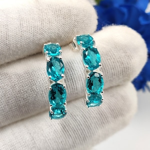 Paraiba Tourmaline Earrings - Solid 925 Sterling Silver Paraiba Tourmaline Hoop Earring - Birthstone Studs Earring - Half Circle Earring