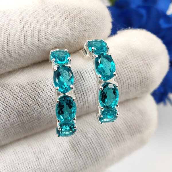 Boucles d'oreilles en tourmaline Paraiba - Créoles en tourmaline Paraiba en argent massif 925 - Clous d'oreilles avec pierre de naissance - Boucle d'oreille demi-cercle