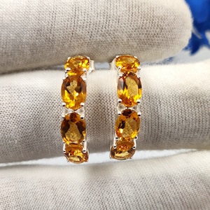 Natural Citrine Earrings - Solid 925 Sterling Silver Citrine Hoop Earring - November Birthstone Earring - Citrine Jewelry - Studs Earring